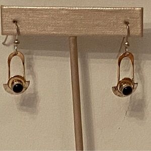 DESIGNER SIGNED GF EARRINGS STERLING SILVER 2TONE BLACK ONYX MODERNIST DANGLE